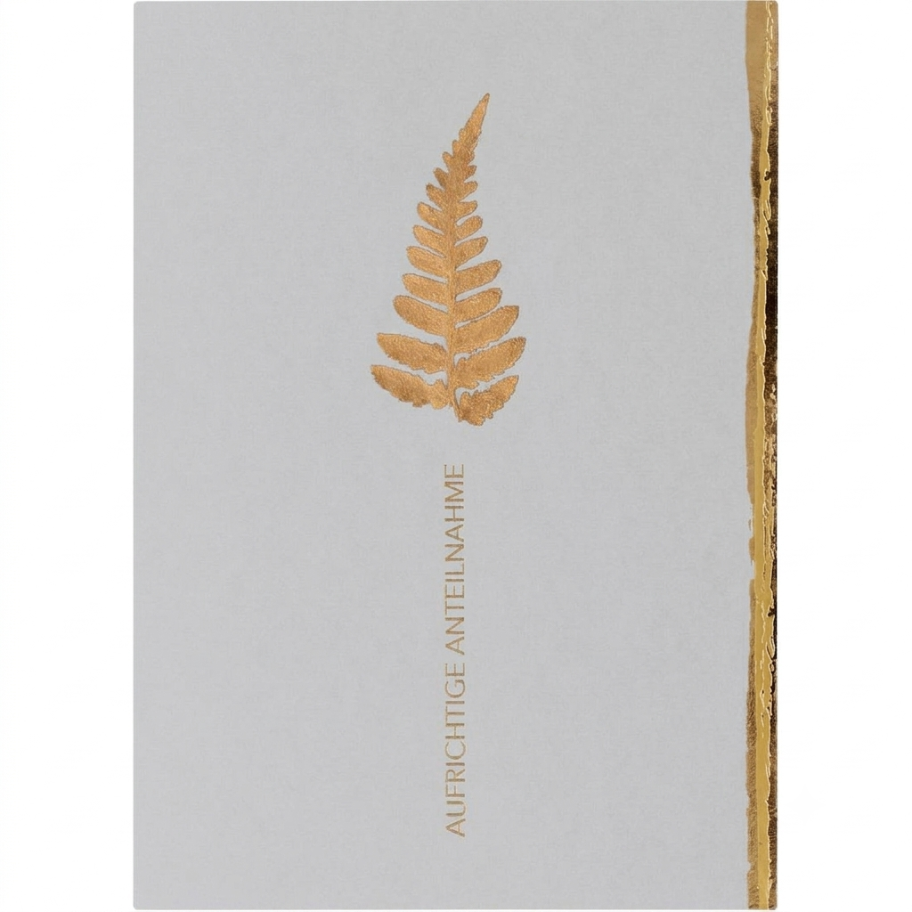 Edle graue räder Kondolenzkarte Aufrichtige Anteilnahme aus Recycling-Papier mit echtem Blatt und goldener Heißfolienprägung