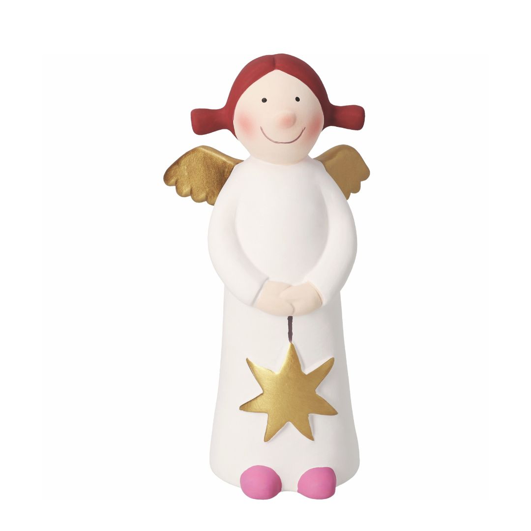 Große handbemalte Sammelfigur Himmlische Schwester Aurelia Edition 10 von räder aus Steinzeug im edlen Gewand mit Stern-Motiv, goldenen Flügeln und Zöpfen