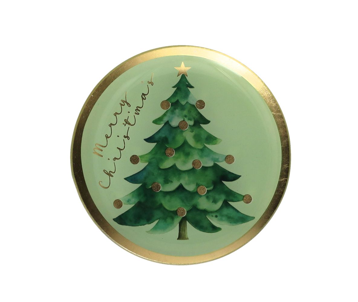 Runder mintgrüner Glasteller Merry Christmas M von Giftcompany mit grünem Tannenbaum, goldenem Stern, Punkten und schimmerndem Goldrand