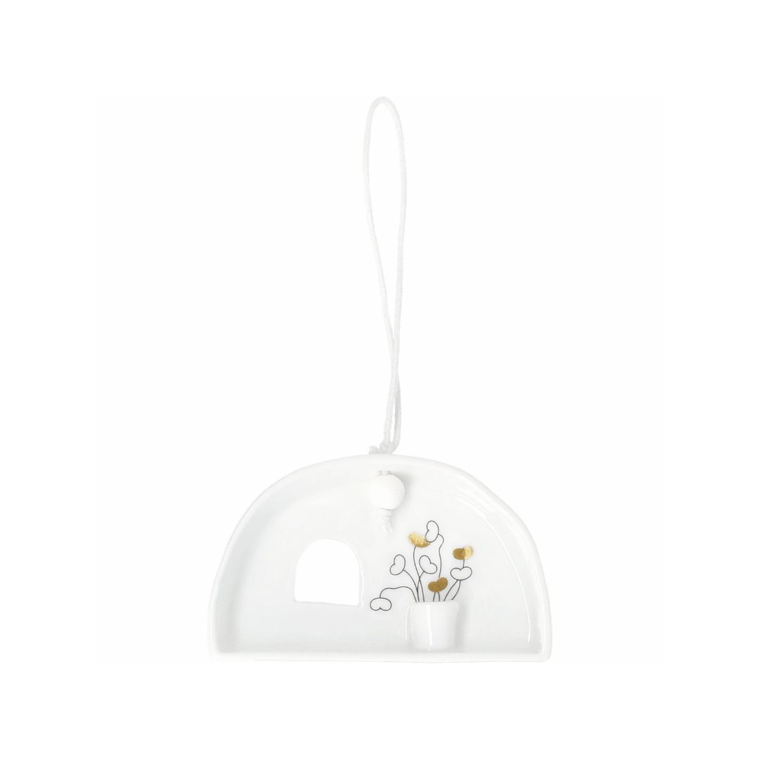 Halbrunder räder Porzellanhänger Blumengruß mit floralem Decal und Band zum Aufhängen