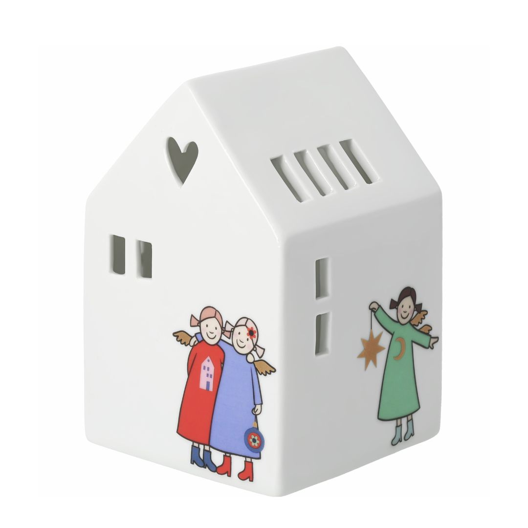 Weißes LED Lichthaus Himmlische Schwestern Edition 10 von räder aus teilglasiertem Porzellan mit bunten Engel-Motiven und Herz-Stanzung