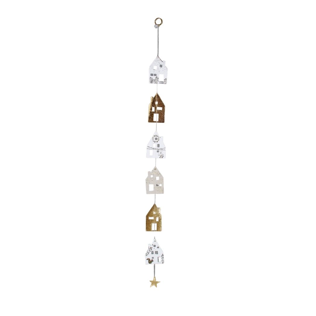 Winter Häuschenkette Eichhoernchen goldweiß von Good old friends aus gold weissen Papierhäuschen mit Goldakzenten, Prints, Ausstanzungen und kleinem Metallstern am Kettenende, Girlande, Häuser, Gold-Index, Sterne