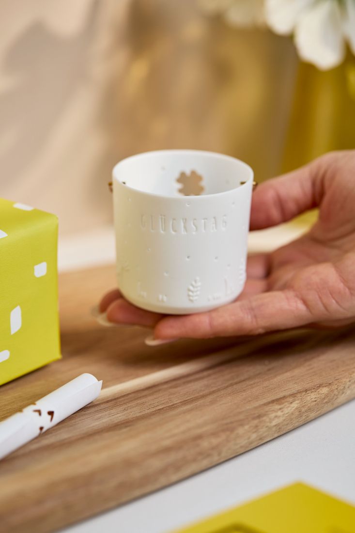 Kerze, Mini-Topf, Weiß, Rillen-Design, Kerzenhalter