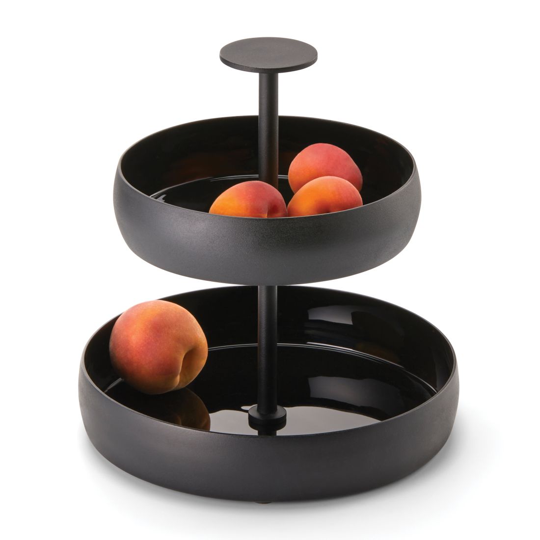 Zweistöckige schwarze Etagere Negretto S von Philippi aus pulverbeschichtetem Aluminium mit emaillierter Schaleninnenseite und Trageknauf, Höhe 28 cm