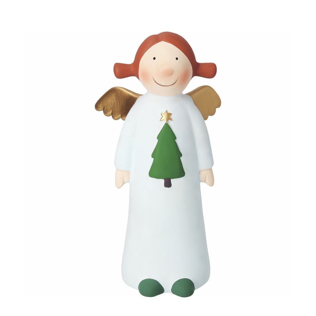 Große handbemalte Sammelfigur Himmlische Schwester Sternchen Edition 10 von räder aus Steinzeug im weißen Kleid mit grünem Tannenbaum-Relief, goldenem Stern, goldenen Flügeln und Zöpfen