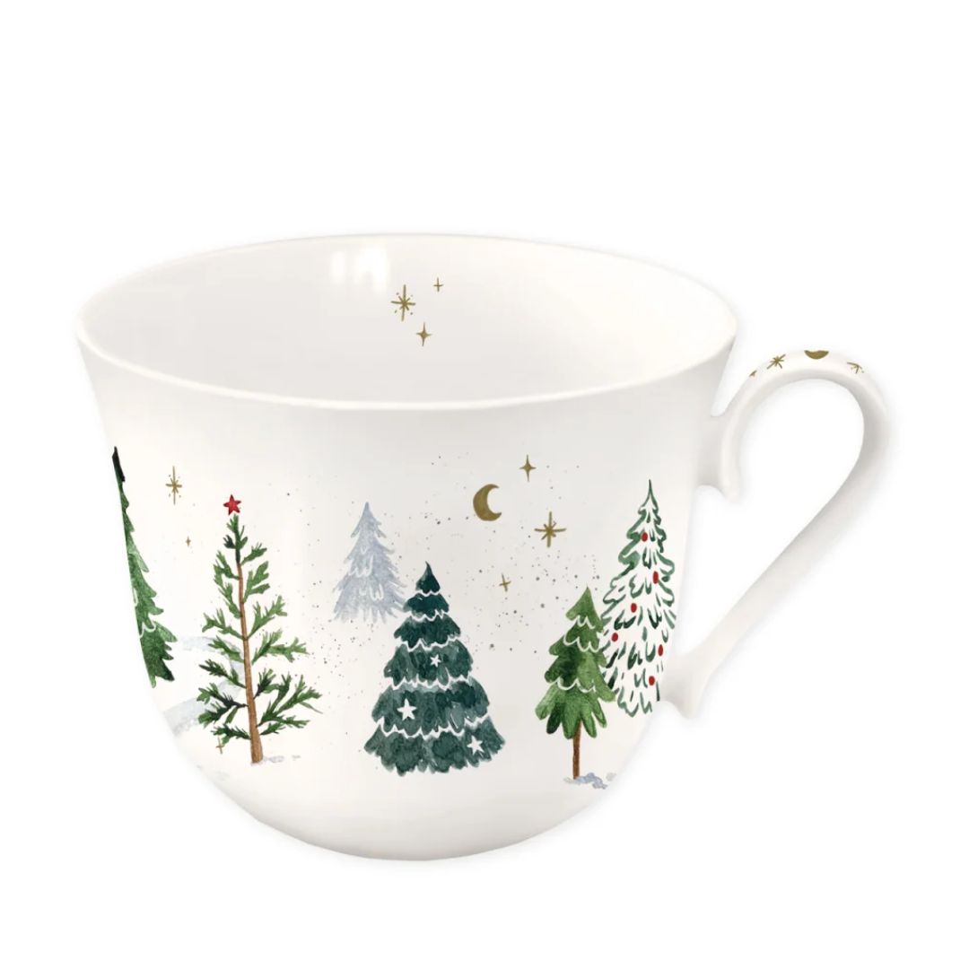 Elegante Tasse Wintertannen vom Grätz Verlag aus feinem Brillantporzellan mit Tannenbäumen, Sternen und Mond sowie liebevollen Details am Henkel und im Innenrand