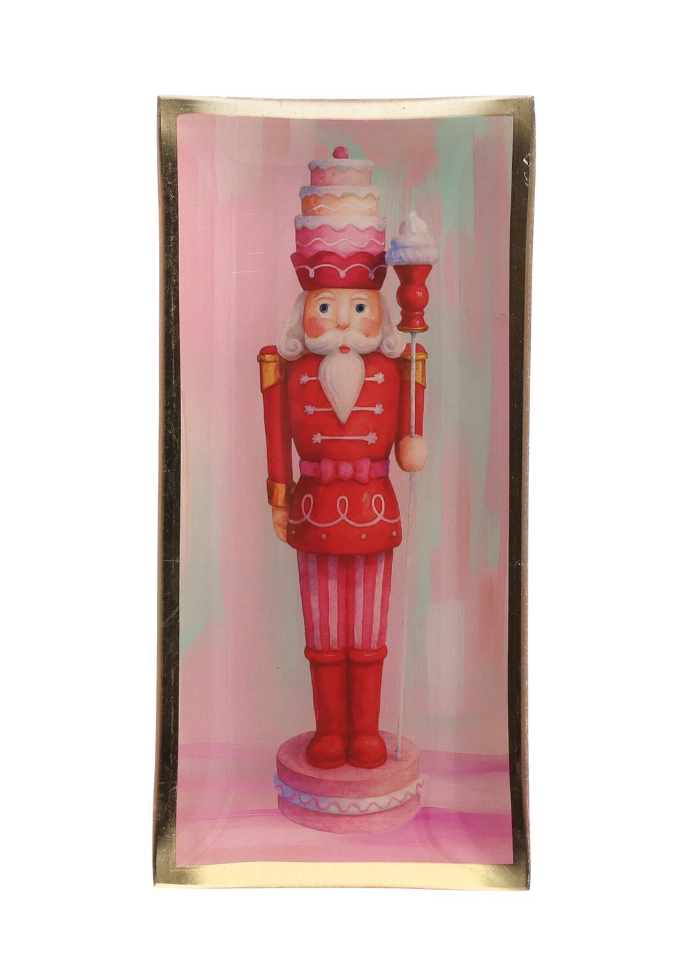 Rechteckiger Glasteller Nussknacker L von Giftcompany in Rosa und Rot mit festlichem Nussknacker-Motiv, Eiskrone und edlem Goldrand