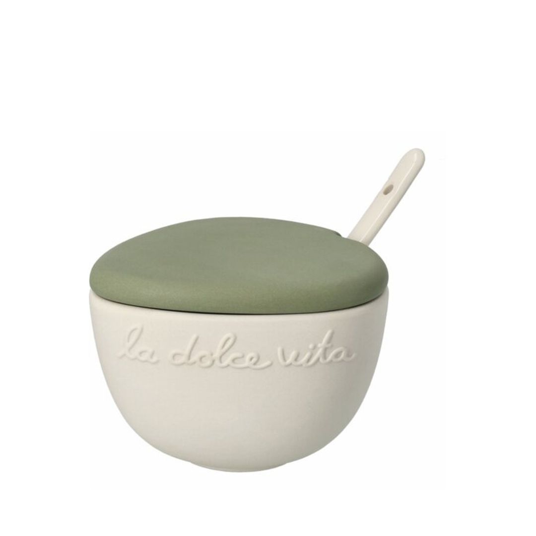Beige räder Zuckerdose la dolce vita mit grünem Deckel und weißem Porzellanlöffel