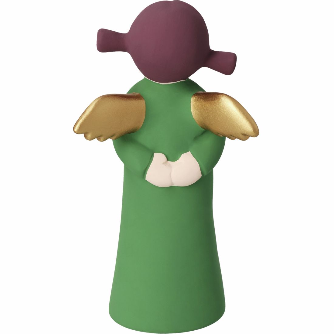 Figur, Grünes Kleid, Goldene Flügel, Lila Kopf, Rückansicht