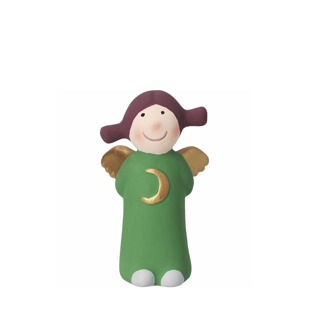 Kleine handbemalte Sammelfigur Himmlische Schwester Pauline Mini Edition 10 von räder aus Steinzeug im grünen Kleid mit goldenem Mond, goldenen Flügeln und Zöpfen