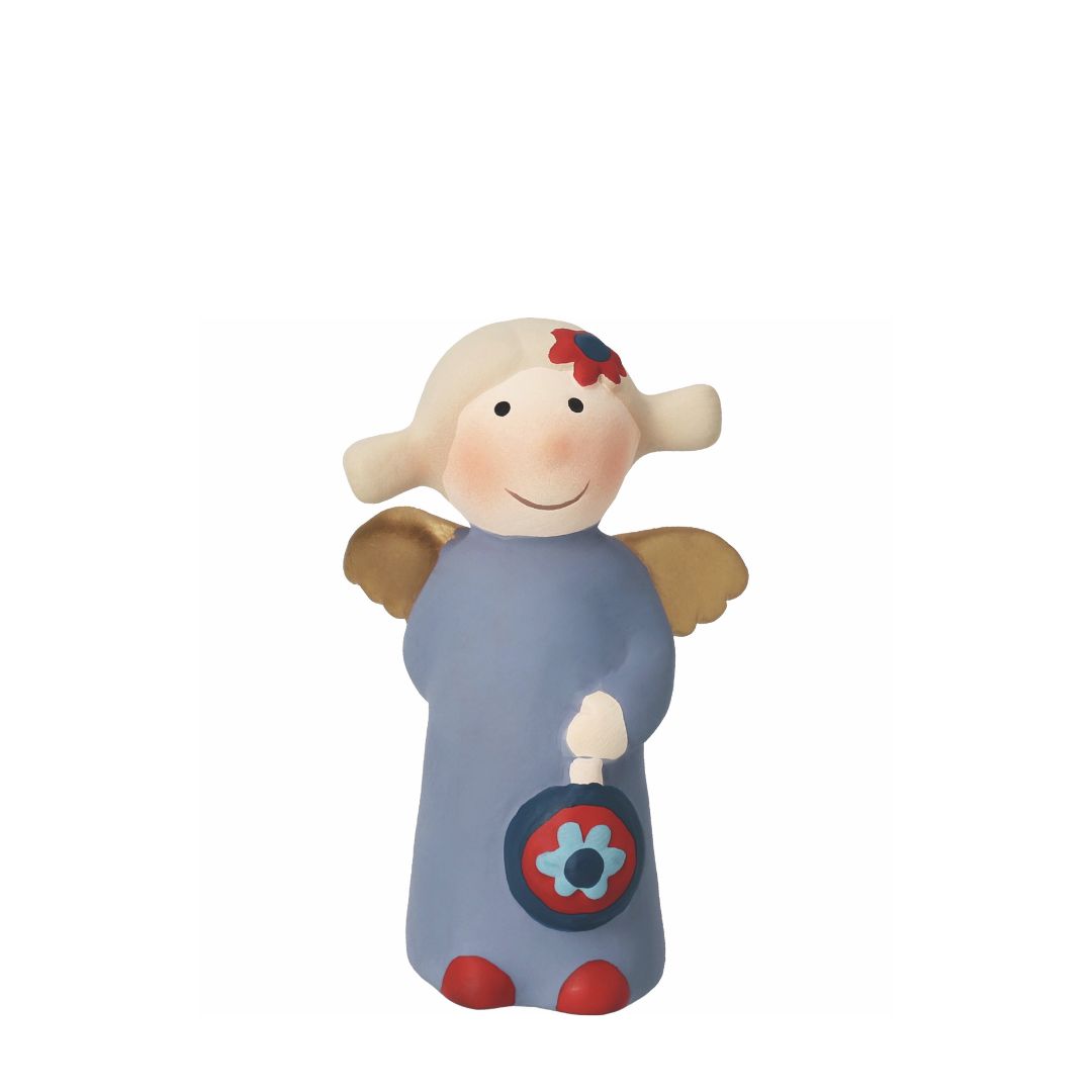 Kleine handbemalte Sammelfigur Himmlische Schwester Florentine Mini Edition 10 von räder aus Steinzeug im taubenblauen Kleid mit Blüten-Tasche, Blüte im blonden Haar, goldenen Flügeln und roten Schuhen