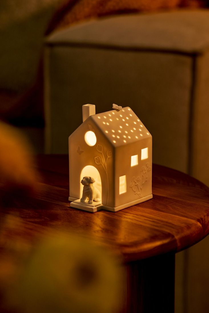 Porzellanhaus, Lichtfigur, Hundestatuette, Weihnachtsdeko, Miniaturhaus