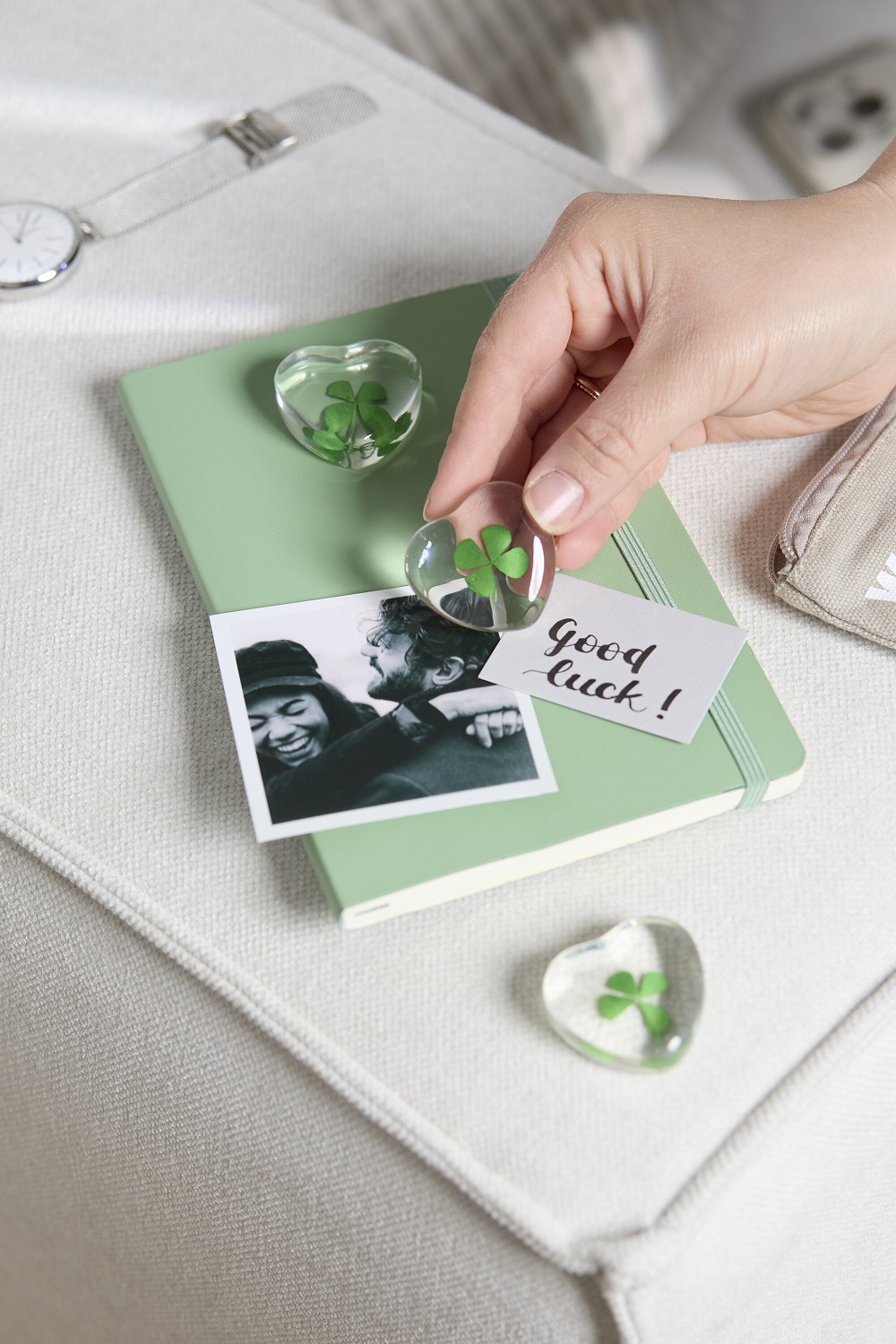 Kleeblatt-Glas, Herzglas, Grün, Notizbuch, Foto-Card
