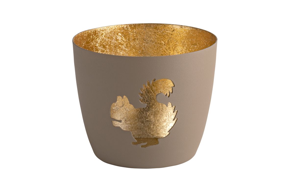 Madras Windlicht Eichhörnchen von Giftcompany in mattem Sandstone-Beige mit goldener Innenbeschichtung und ausgestanzter Eichhörnchen-Silhouette