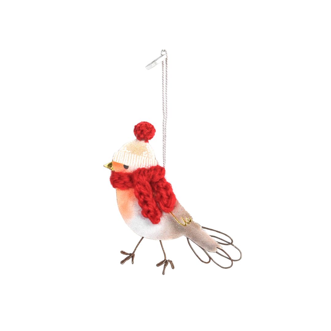 Süßer Mini Wintervogel Roter Schal von Good old friends: Papp-Vogel mit gestricktem rotem Schal, Mütze mit Pompom und Wollaufhängung