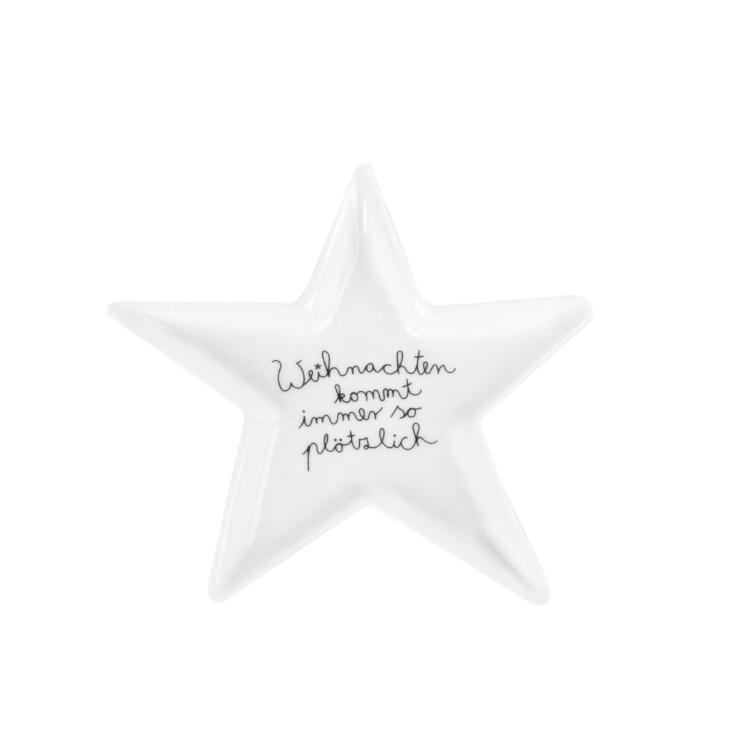 Weißer Sternteller aus Porzellan mit Spruch Weihnachten kommt immer so plötzlich von Good old friends