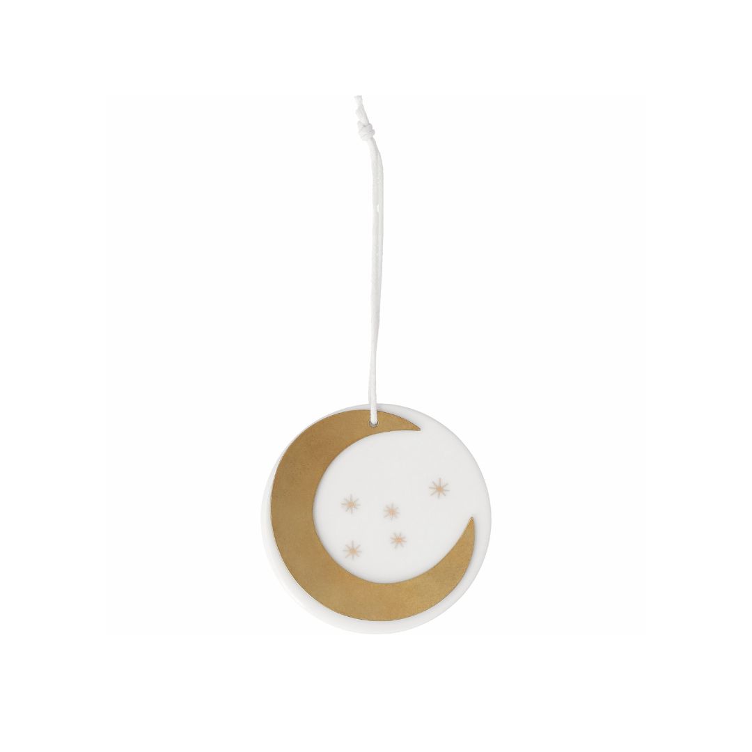 Mondanhänger, Goldener Halbmond, Weißer Keramik, Sterne Muster, Aufhängeschmuck