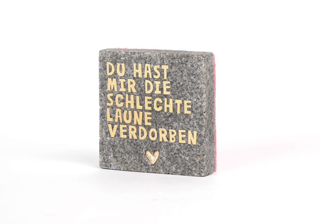 Kleine Terrazzofliese von Good old friends mit der goldenen Aufschrift Du hast mir die schlechte Laune verdorben