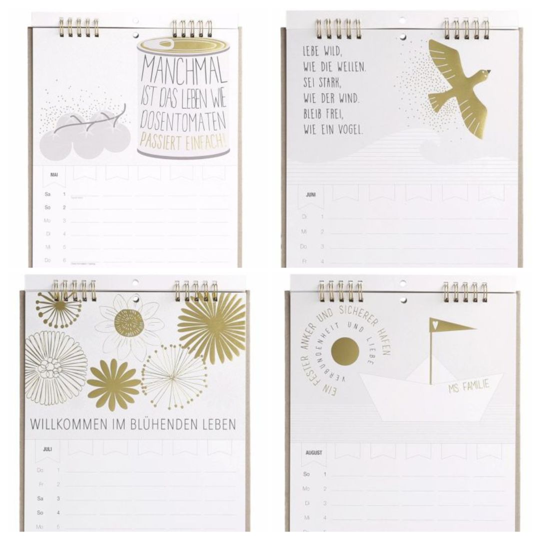 Kalender, Monatskalender, Goldfarben, Blumenmuster, Schiffsmotiv