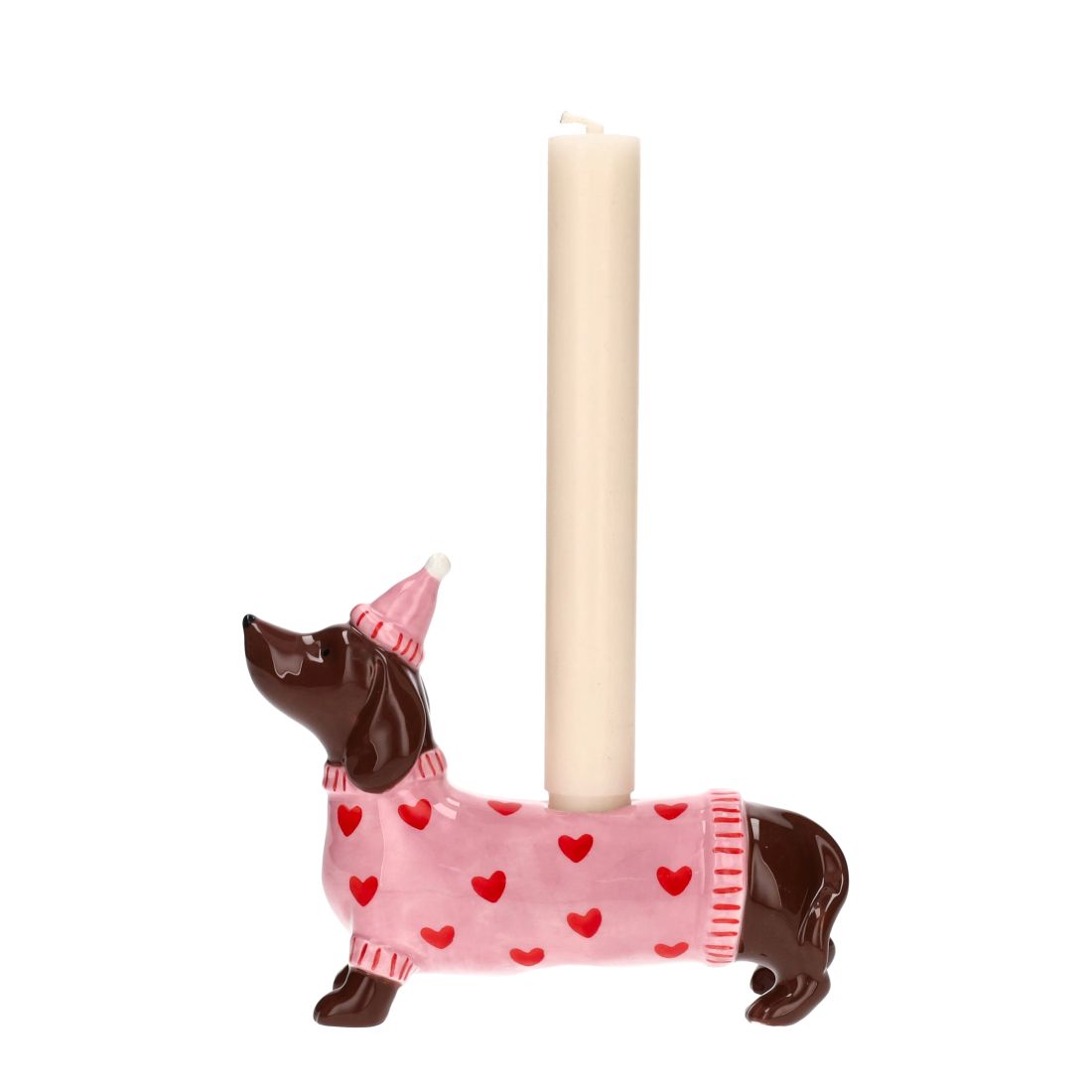 Mignon Dackel-Kerzenhalter mit rosa Mütze aus Dolomit von Giftcompany für eine Stabkerze