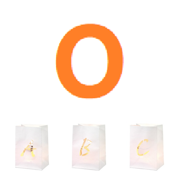Paperbeutel, Geschenkbeutel, weißer Beutel, Buchstabenaufkleber, Oranges O