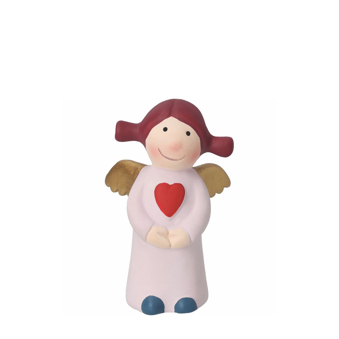 Kleine handbemalte Sammelfigur Himmlische Schwester Charlotte Mini Edition 10 von räder aus Steinzeug mit rotem Herz auf der Brust, goldenen Flügeln und roten Zöpfen