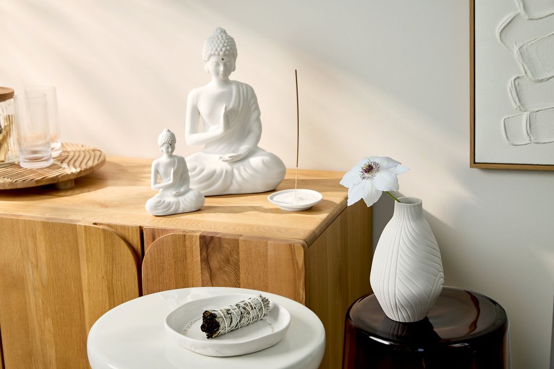 Buddha statue, Miniature statue, Incense holder, White vase, Decorative incense stick