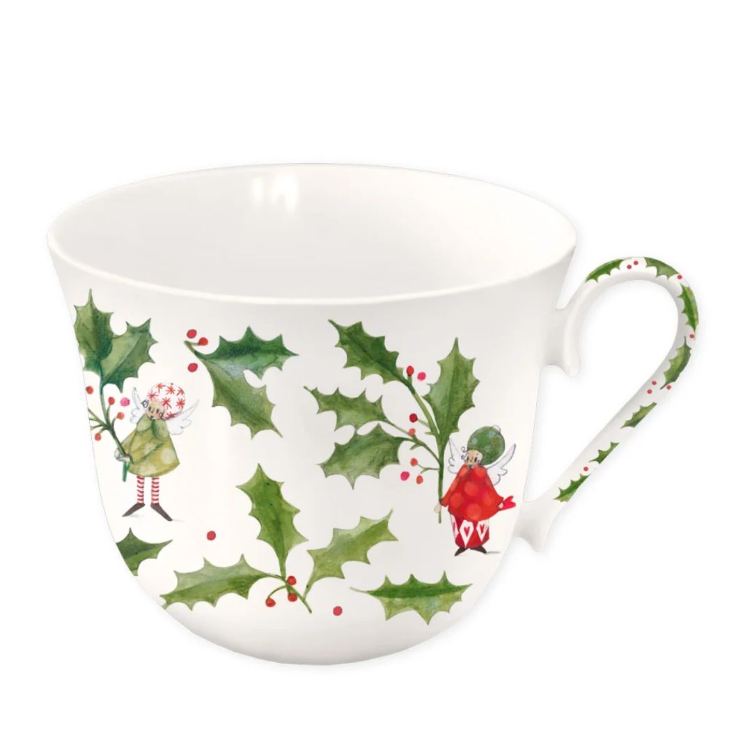 Festliche Tasse Weihnachtsengel vom Grätz Verlag aus weißem Brillantporzellan mit Engel-, Tannenzweig- und Stechpalmenmotiven von Silke Leffler inklusive Geschenkbox mit Sichtfenster