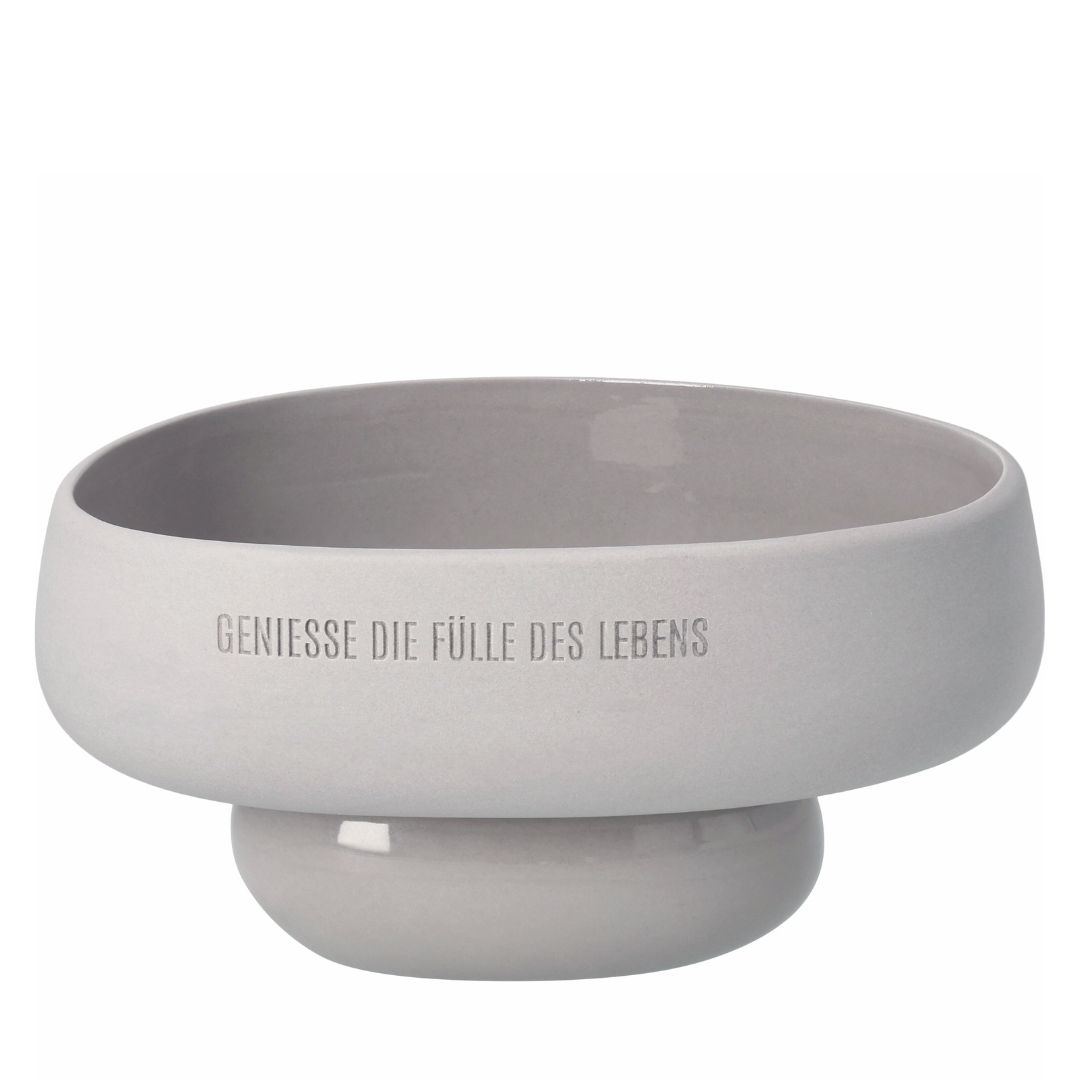Graue räder Steinzeug Schale Naturelemente mit Tief-Relief Schriftzug Genieße die Fülle des Lebens
