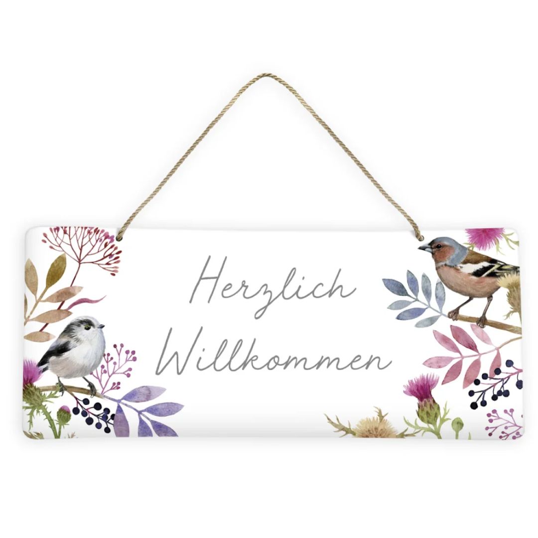 Willkommensschild, Dekoratives Blechschild Blätterrauschen Herzlich Willkommen vom Grätz Verlag mit Vögeln, Blättern und Blüten sowie Hanfband zum Aufhängen