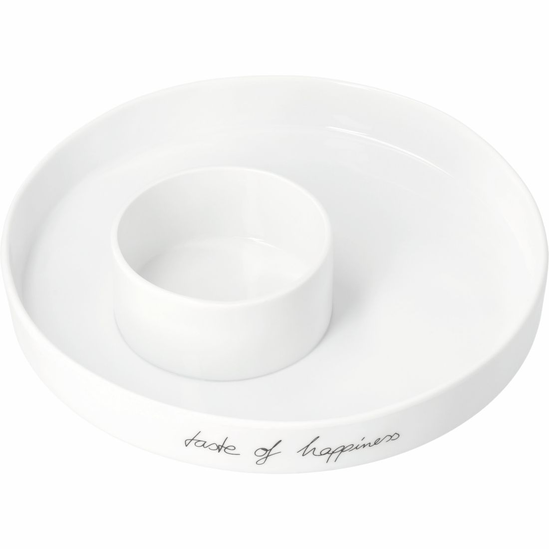 Nahaufnahme des Schriftzugs 'taste of happiness' auf der glasierten Außenseite der räder Schale