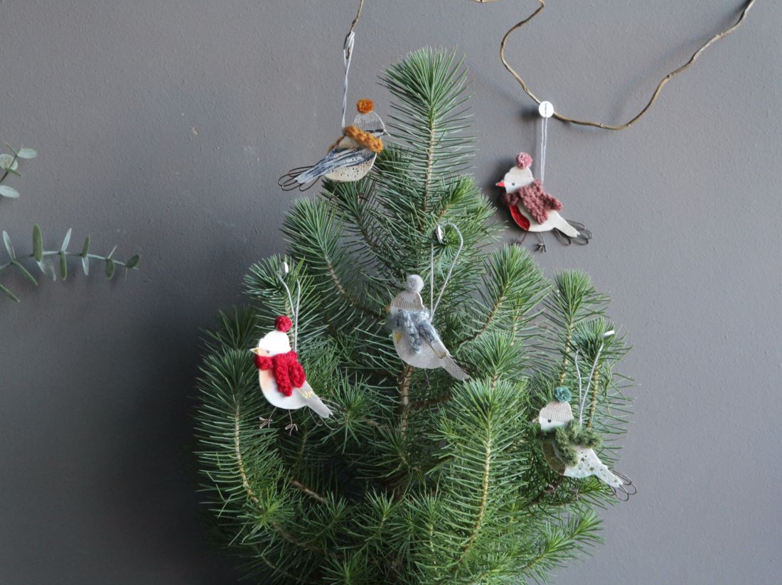 Tannenzweig, Mini-Weihnachtsbäume, Vogelornament, Kunstfaser, Grünpflanze