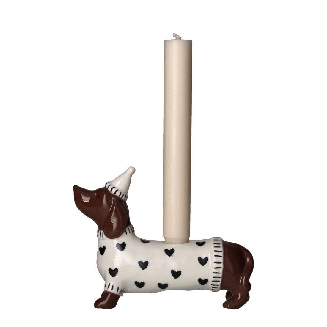 Mignon Dackel-Kerzenhalter mit weißer Mütze aus Dolomit von Giftcompany für eine Stabkerze