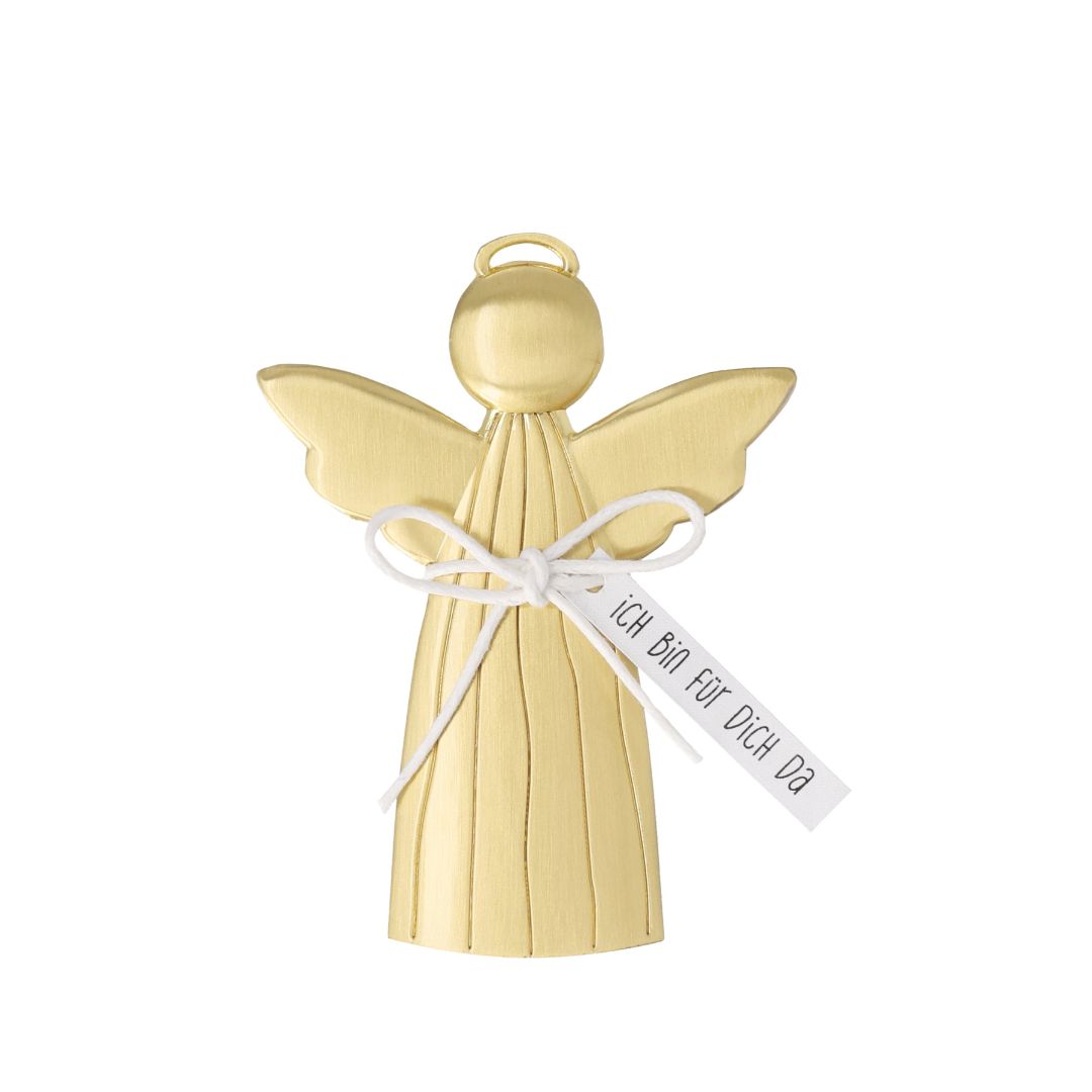 Kleiner, goldfarbener räder Metall-Schutzengel mit feinem Baumwollband und angehängtem Papierschild Ich bin für dich da