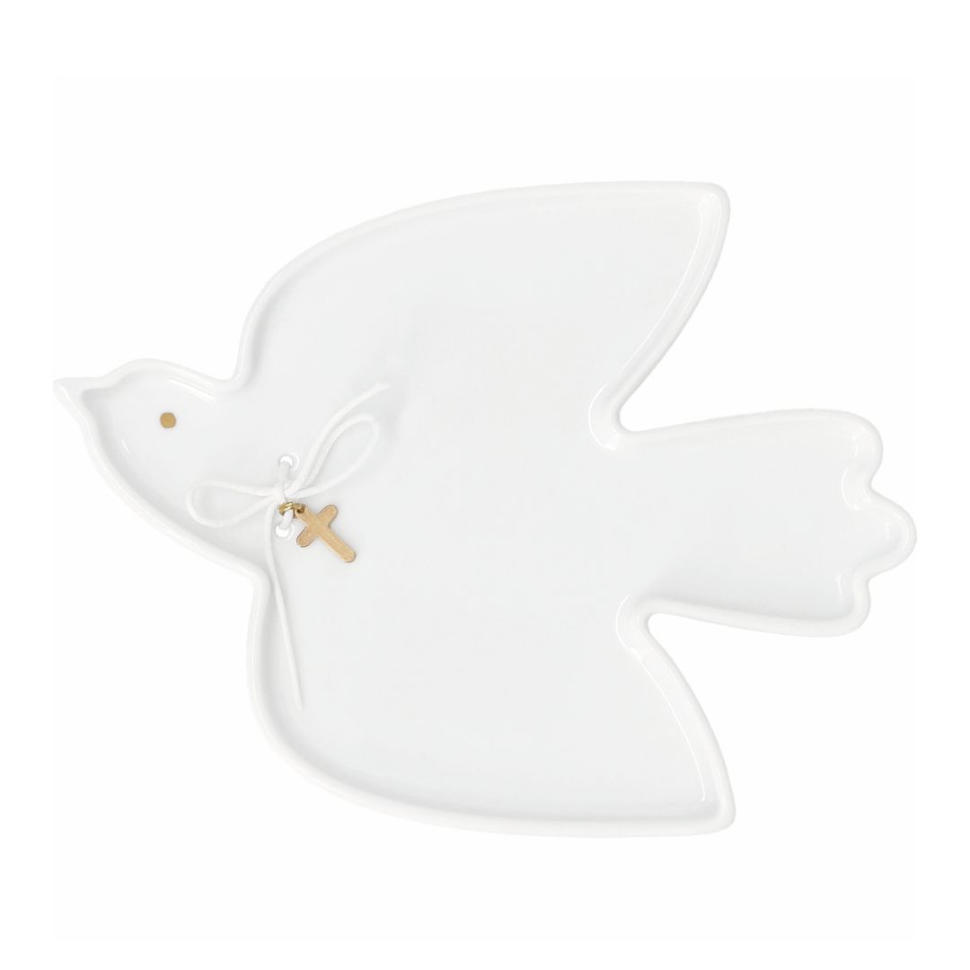 Weißer räder Porzellanteller in Form einer Taube mit Kreuz-Motiv