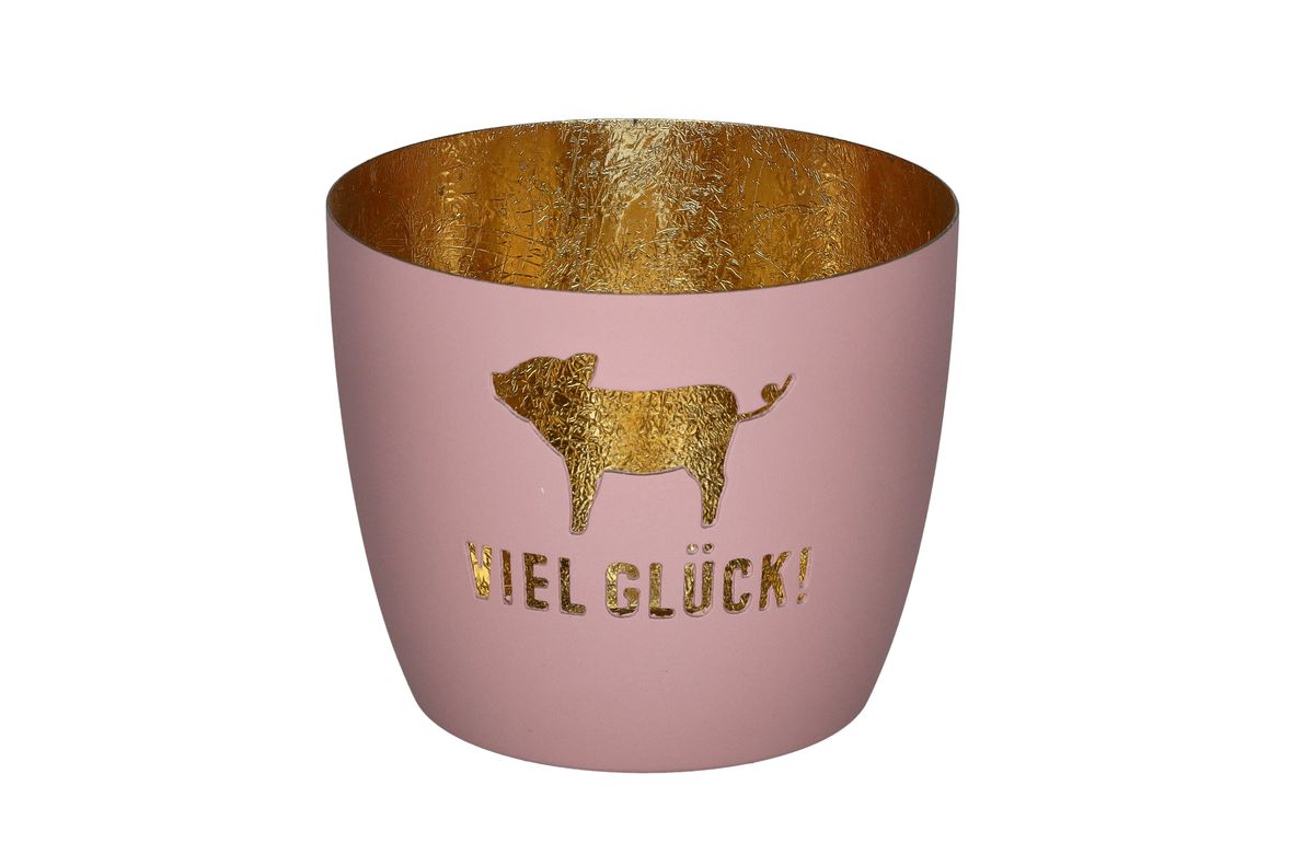 Madras Windlicht Viel Glück von Giftcompany in mattem Rosa mit goldener Innenbeschichtung, ausgestanztem Glücksschweinchen und Schriftzug VIEL GLÜCK!