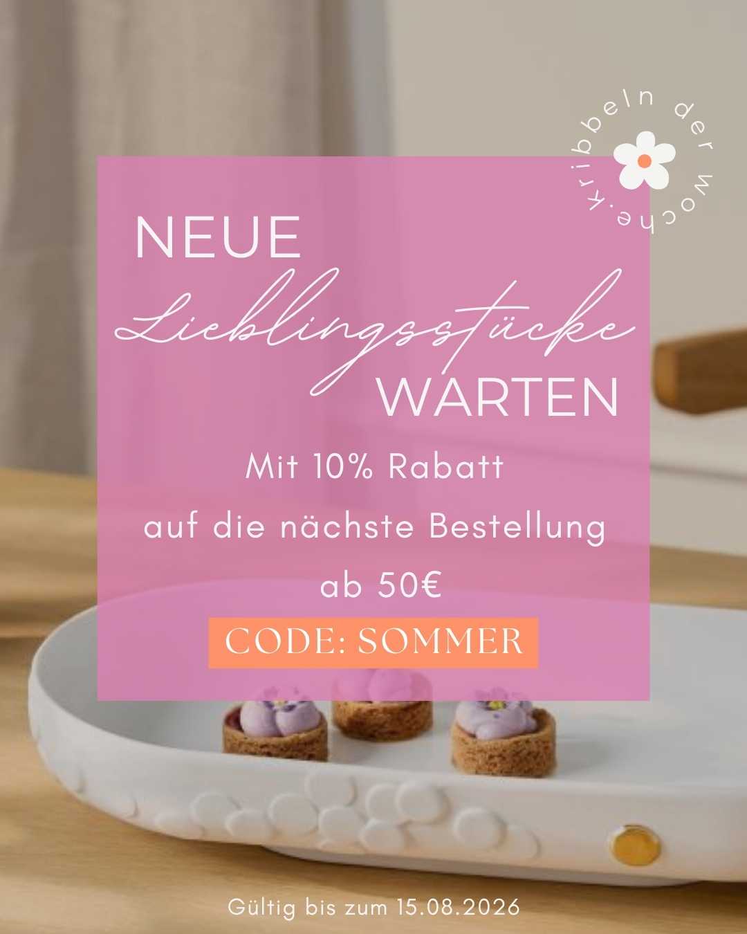 pink overlay, dessert bites, plate, decor, promo card