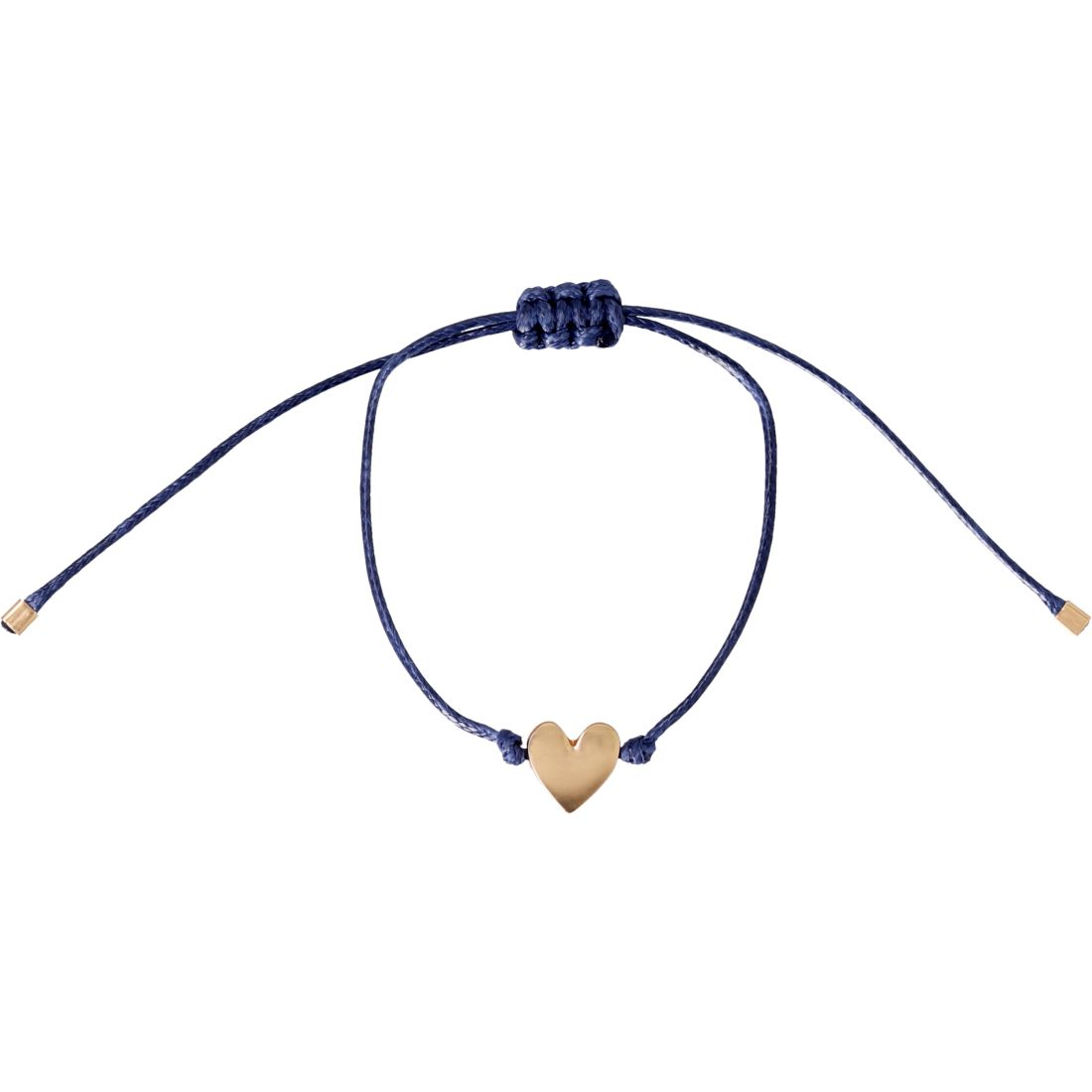 Nahaufnahme des filigranen goldenen Herz-Elements am blauen gewachsten Baumwollband des räder Armbands