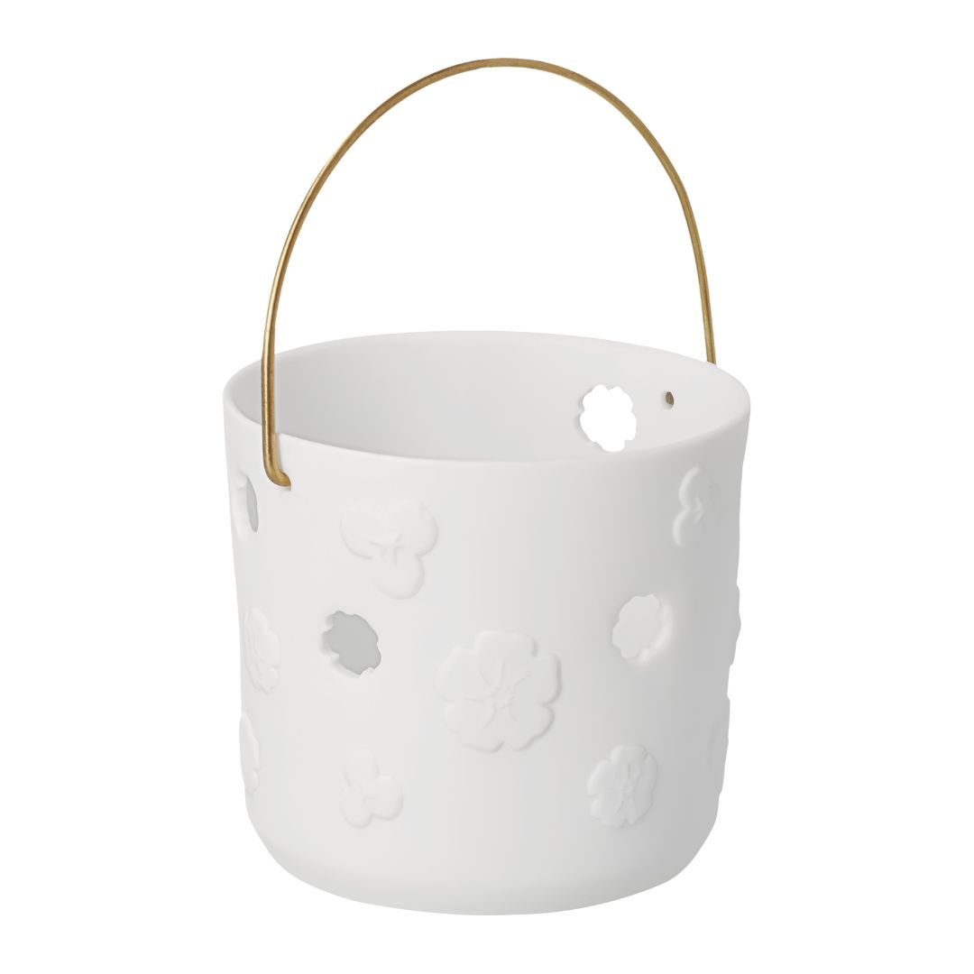 Halterung, Blumenmuster, weiße Vase, Metallgriff, Korbform