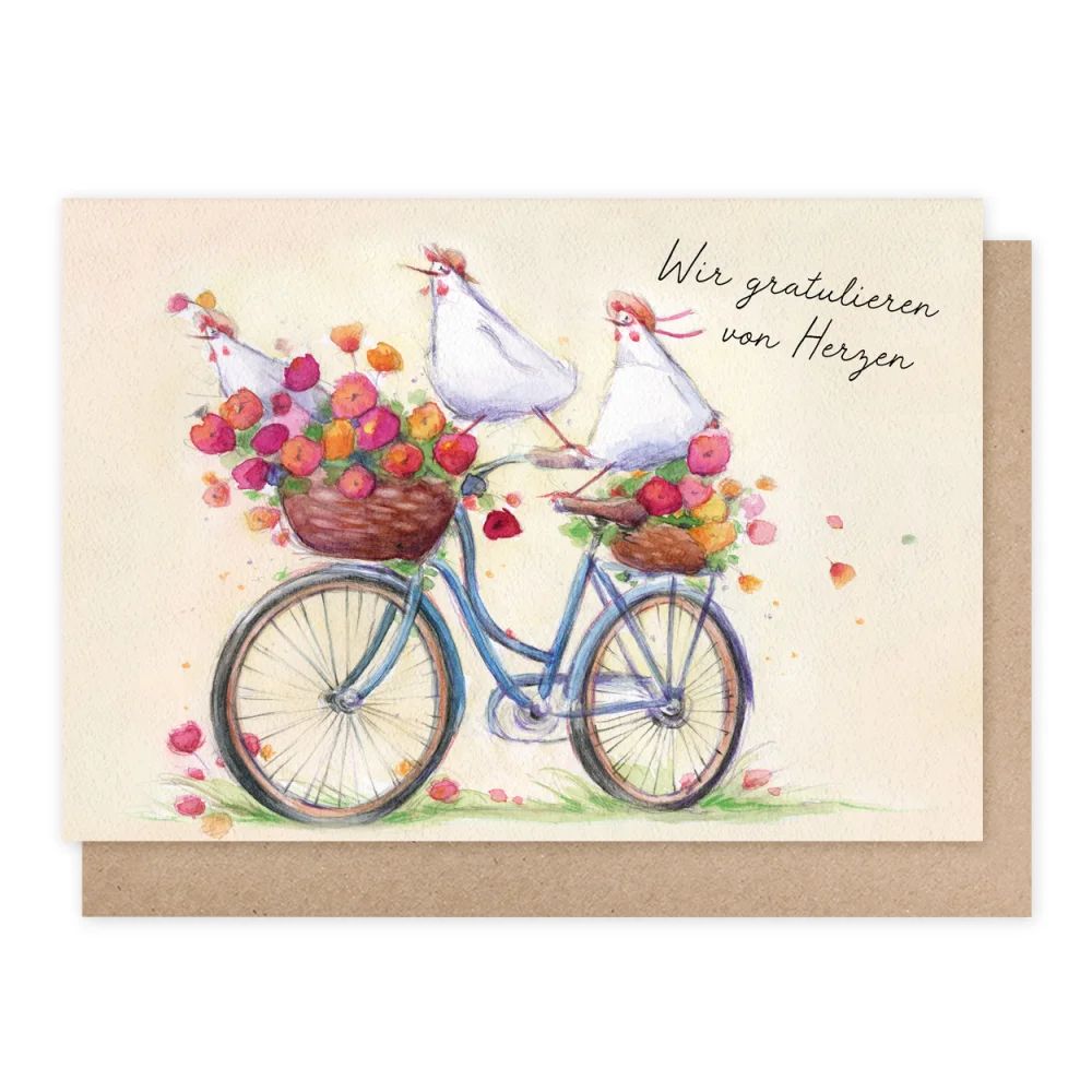 Fahrrad, Blumen, Karikatur, Kartenmotiv, Frühlingsfarben