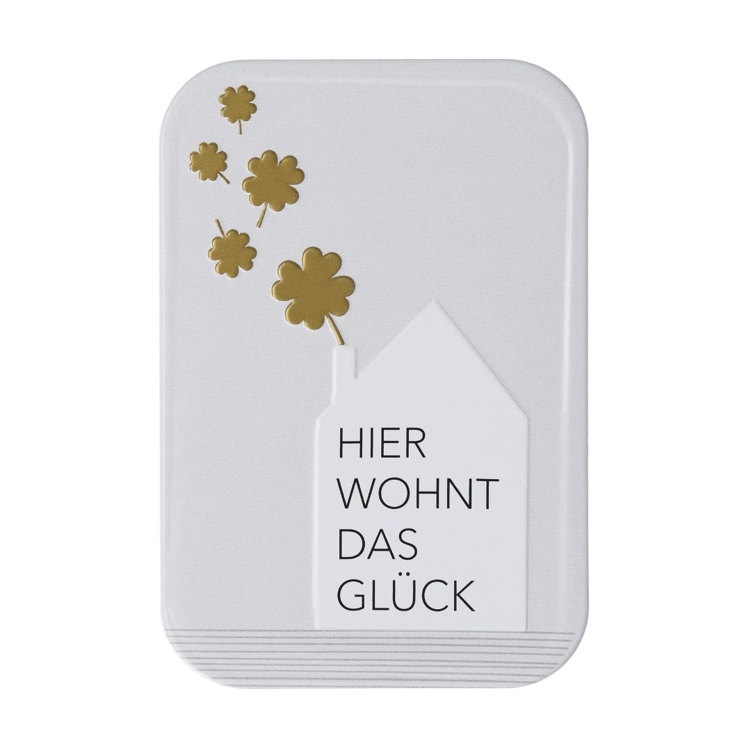 Kleine räder Magnet-Eisentafel Hier wohnt das Glück mit Haus-Motiv und goldenen Kleeblättern