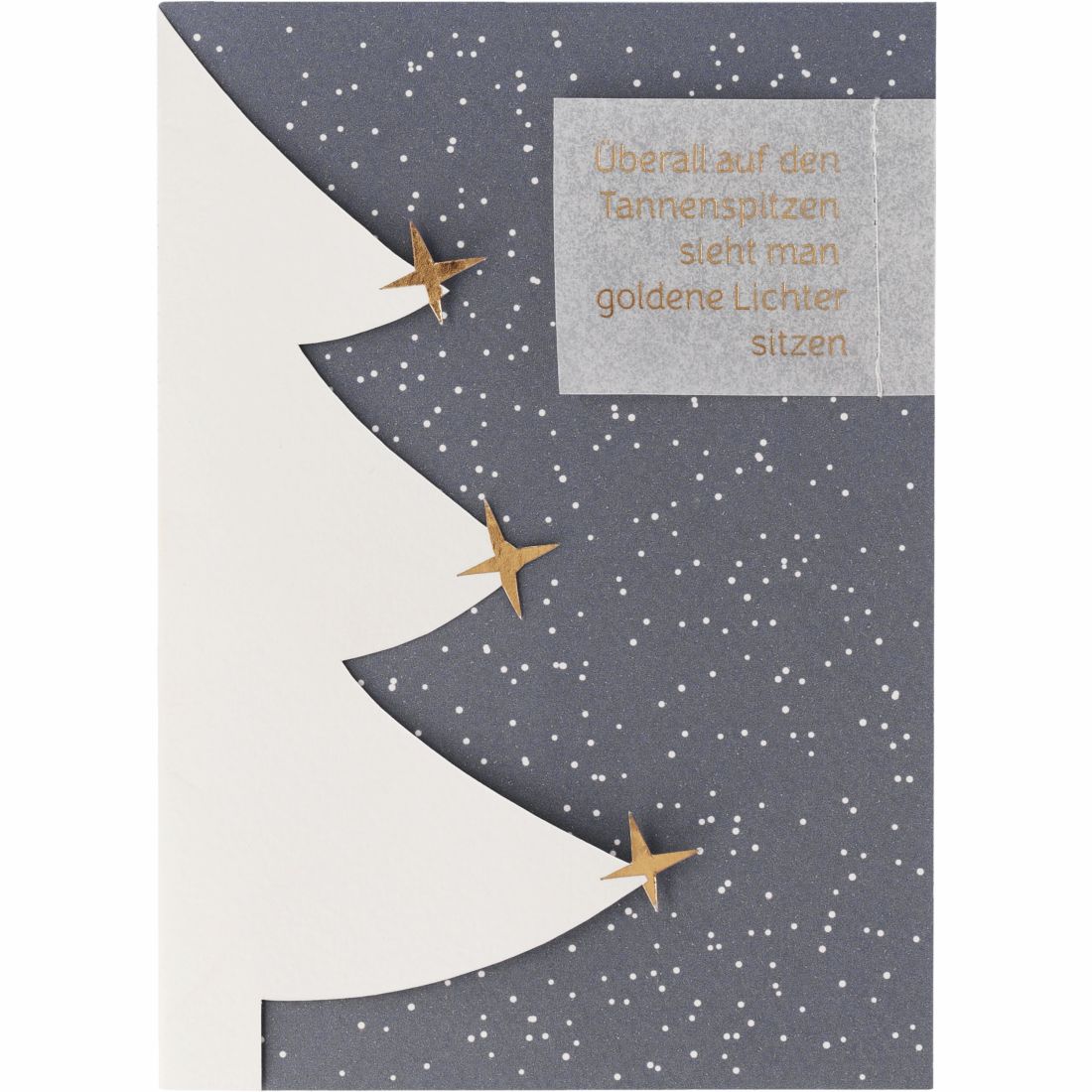 Edle räder Tannenbaumkarte in Grau und Weiß mit dem goldenen Spruch Überall auf den Tannenspitzen sieht man goldene Lichter sitzen