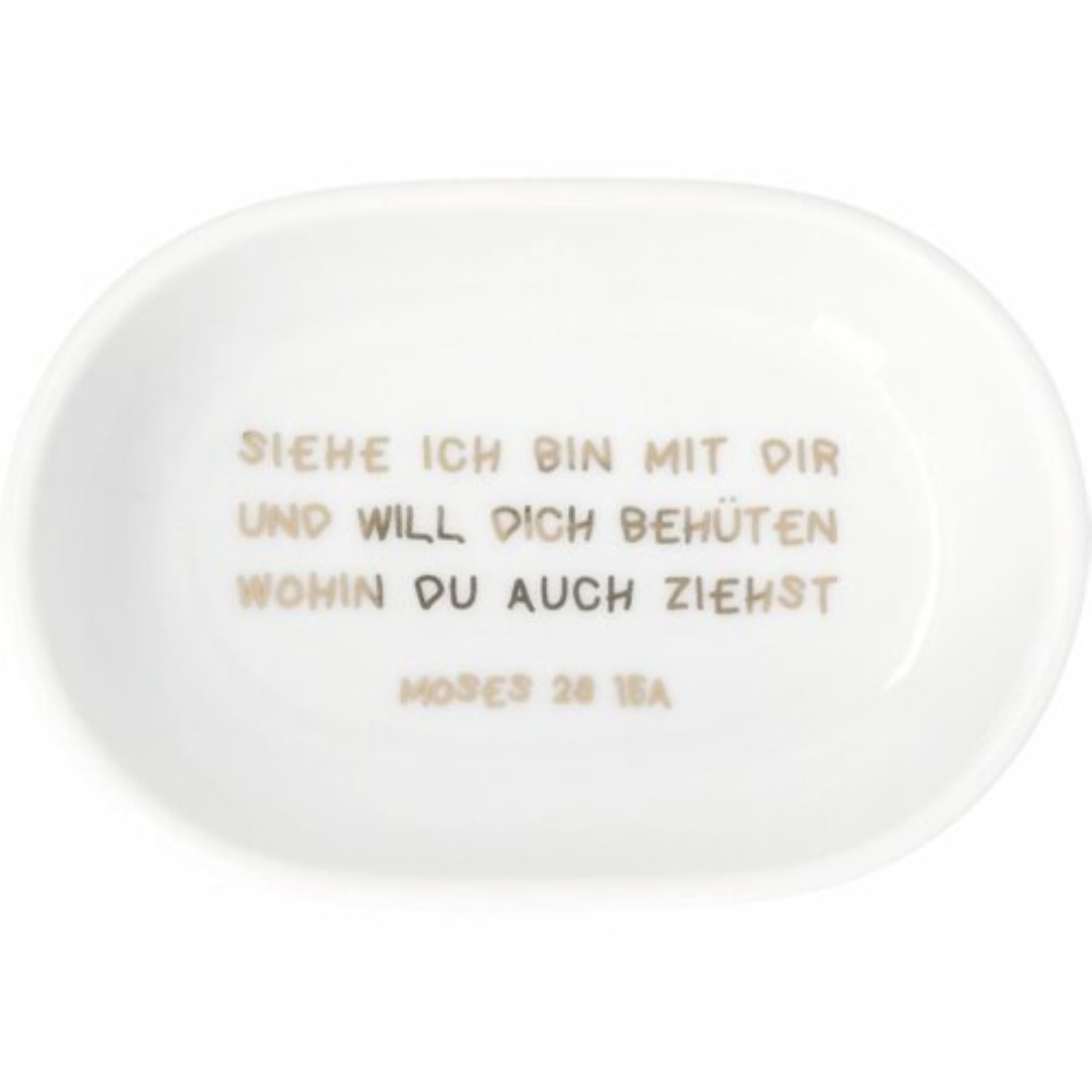 Geöffnete räder Porzellandose mit goldenem Segensspruch Siehe ich bin mit dir