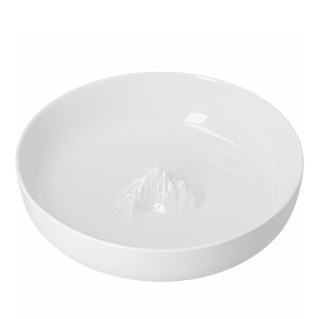 Große weiße räder Porzellanschale mit erhabenem Berg-Relief in der Mitte