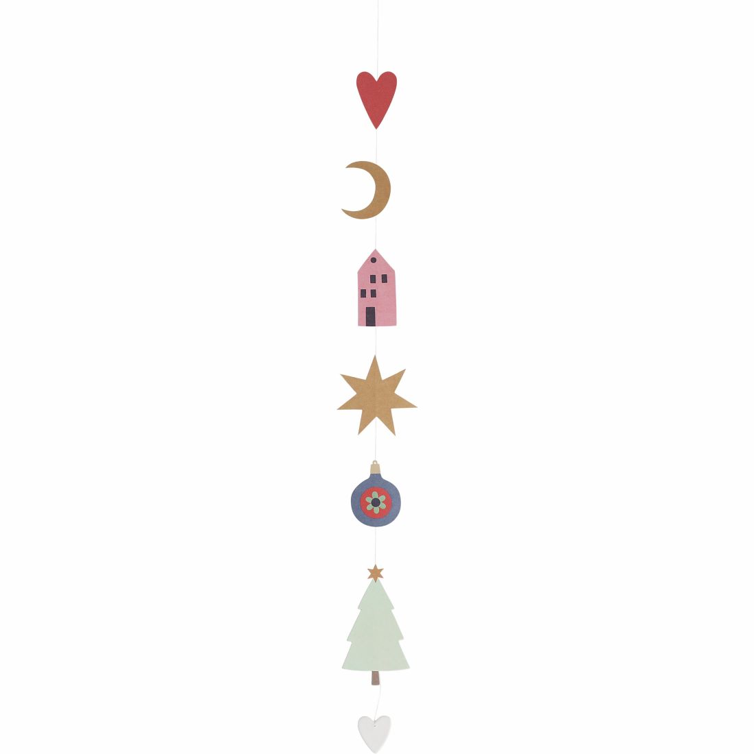 Vertikal hängende Papierkette von räder mit liebevollen Motiven wie Herz, Mond, Häuschen, Stern, Kugel und Tannenbaum an weißem Baumwollband mit Porzellanelement am Ende