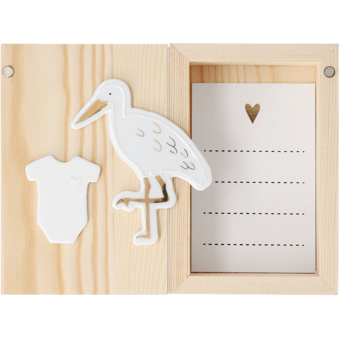 Geöffnete räder Erinnerungsbox Made of Magic aus Holz mit Porzellan-Storch, Mini-Strampler und Kärtchen