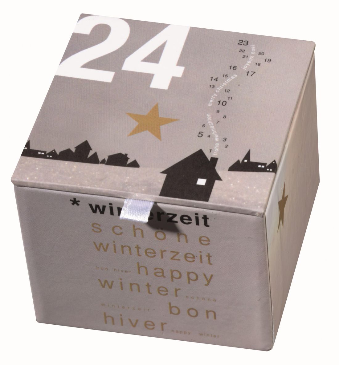 Adventskalender, 24 Tage, Wintermotiv, Geschenkbox, Grau-gold