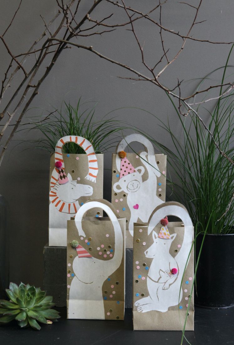 geschenkeverpackung, tragetasche, geburtstagsdeko, tiermotiv, papierbeutel