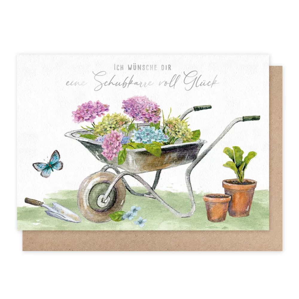 Gartenkarte, Blumen, Pflanzen, Schubkarre, Giftgrün
