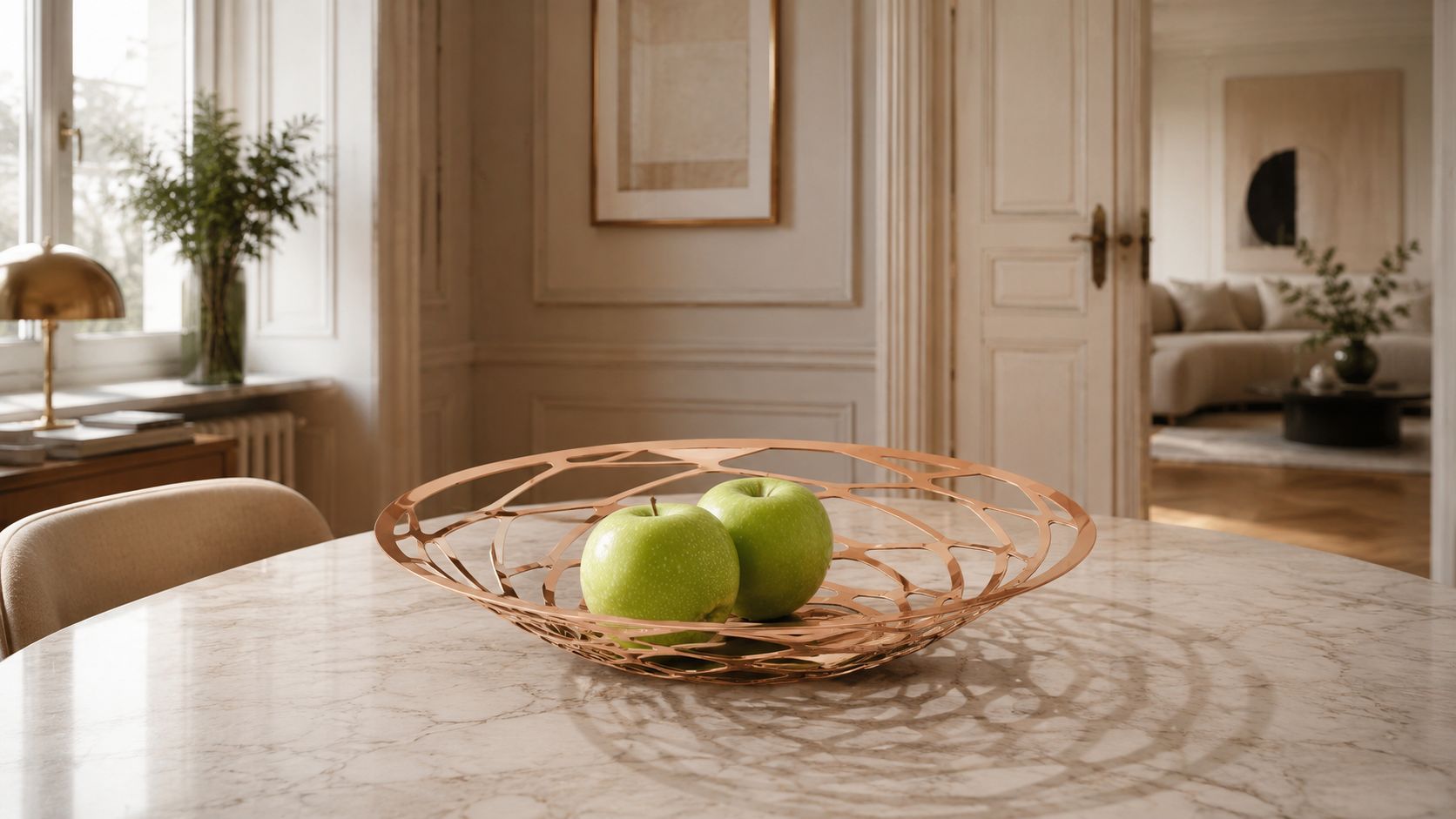 Esstisch, Marmor, Obstschale, Kupfer, Grün Äpfel